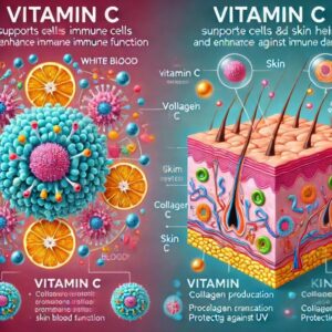 A graphic showing how Vitamin C supports immune cells and skin health Vitamin C foods