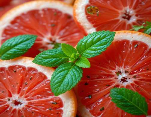 A close-up shot of fresh grapefruit slices with a sprinkle of mint leaves for added freshness fruits best for losing weight