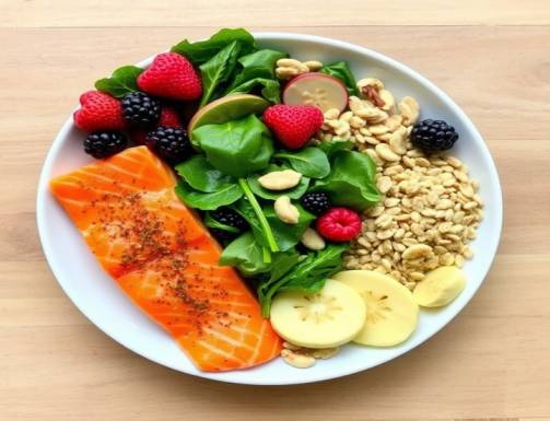 A colorful plate of heart-healthy foods , salmon, leafy greens, nuts, berries, and whole grains
heart health