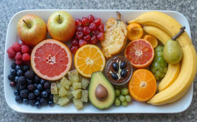 A colorful platter featuring all 10 fruits mentioned in the blog apples, berries, grapefruit, watermelon, oranges, pears, kiwi, avocado, bananas, and papaya fruits best for losing weight