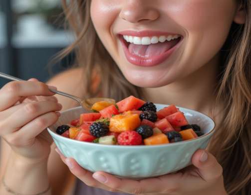  A happy person eating a bowl of fruit salad with a mix of watermelon, oranges, and berries fruits best for losing weight