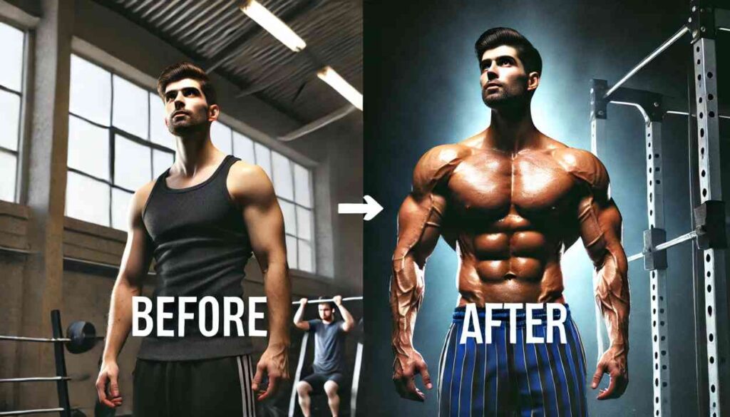 A motivational before-and-after fitness transformation collage entire body workout