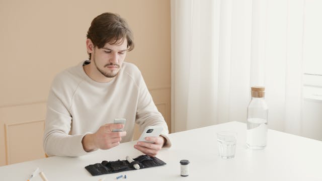 A person checking health metrics on a smartwatch or smartphone health care