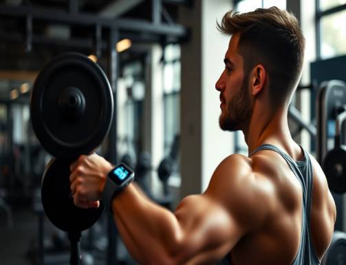 A person lifting weights in the gym with a fitness tracker showing their heart rate heart rate health