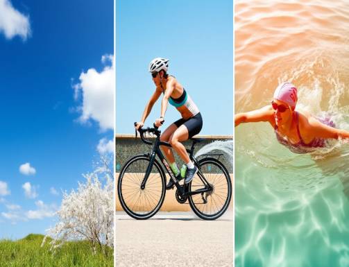 A side-by-side collage of someone running, cycling, and swimming A side-by-side collage of someone running, cycling, and swimming heart rate health