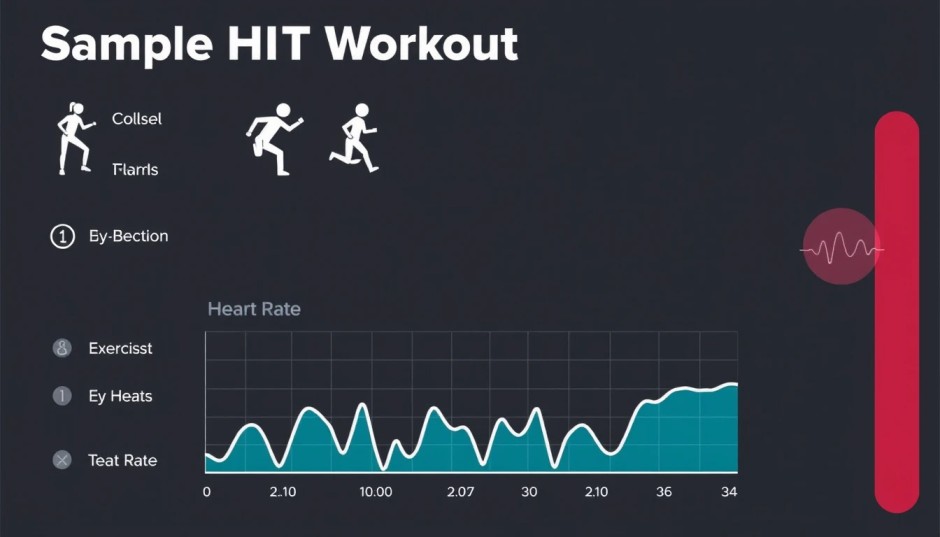 An infographic displaying a sample HIIT workout with exercise icons and a heart rate graph An infographic displaying a sample HIIT workout with exercise icons and a heart rate graph heart rate health