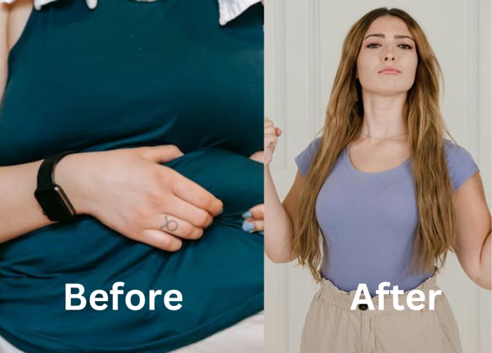 A motivational before-and-after transformation image of a woman losing stomach fat female stomach fat