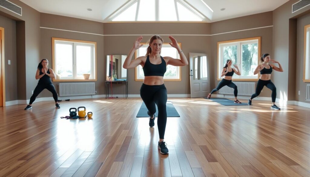a group of girls is doing Yoga Home Workouts